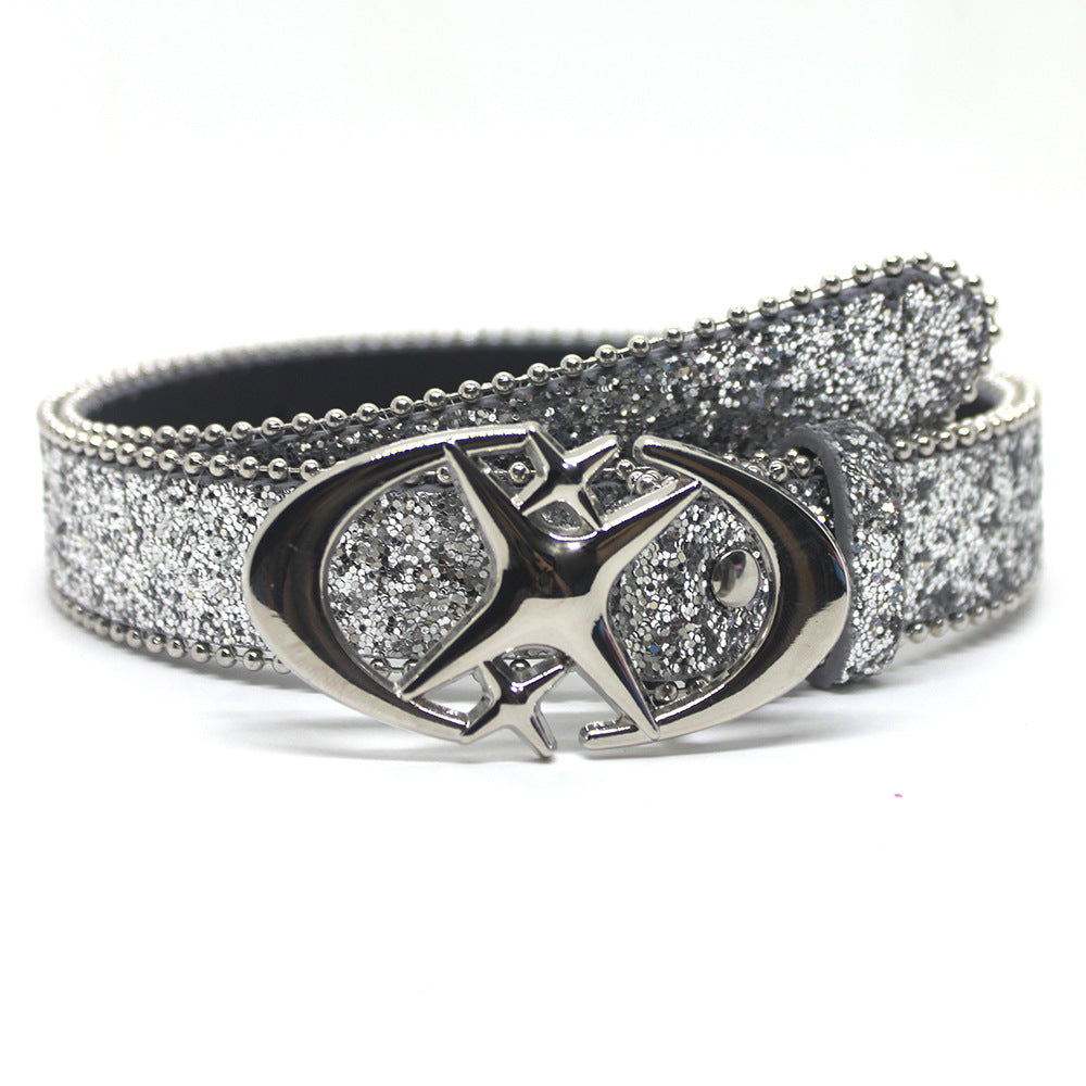 Double Crescent Moon Cross-stripe Sequin Belt