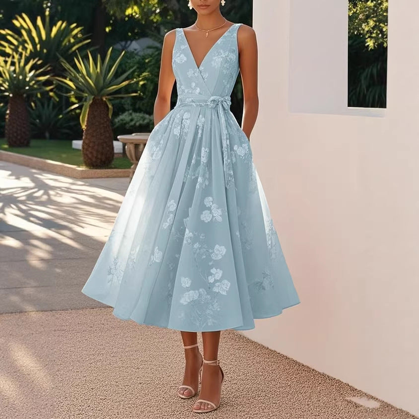 Sleeveless V-Neck Floral Print Evening Dress