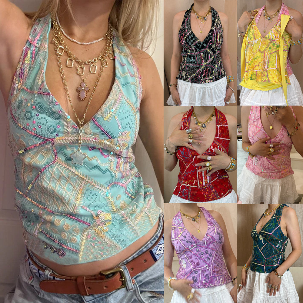 Sequin V-neck Sleeveless Vest
