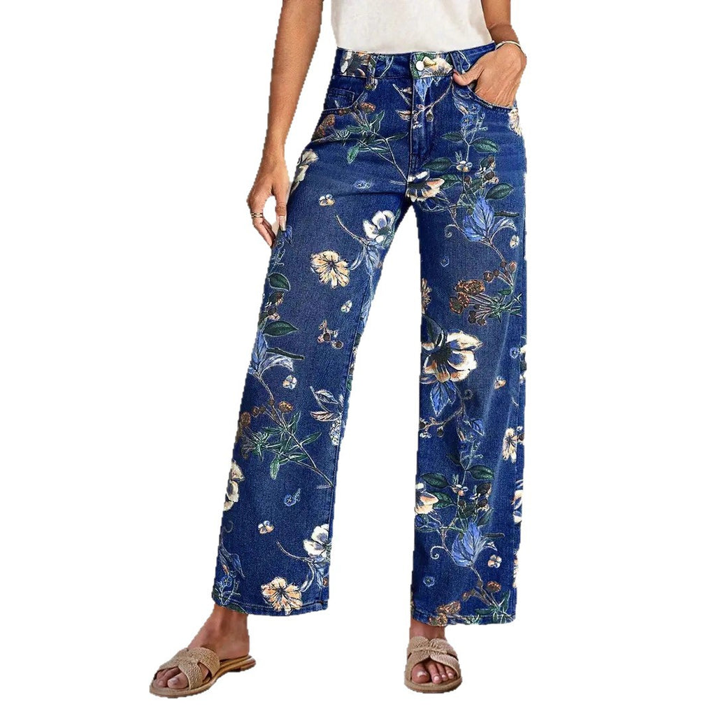 Floral Print High Waist Wide Leg Jeans