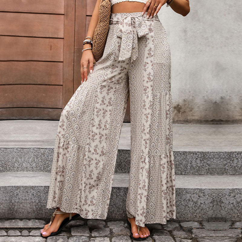 Retro Floral Print Wide Leg Pants with Tie Waist