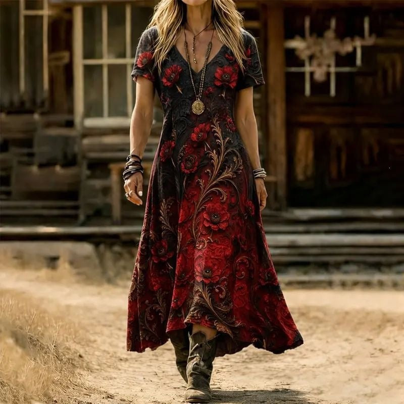 Floral Print V-Neck Long Sleeve Dress