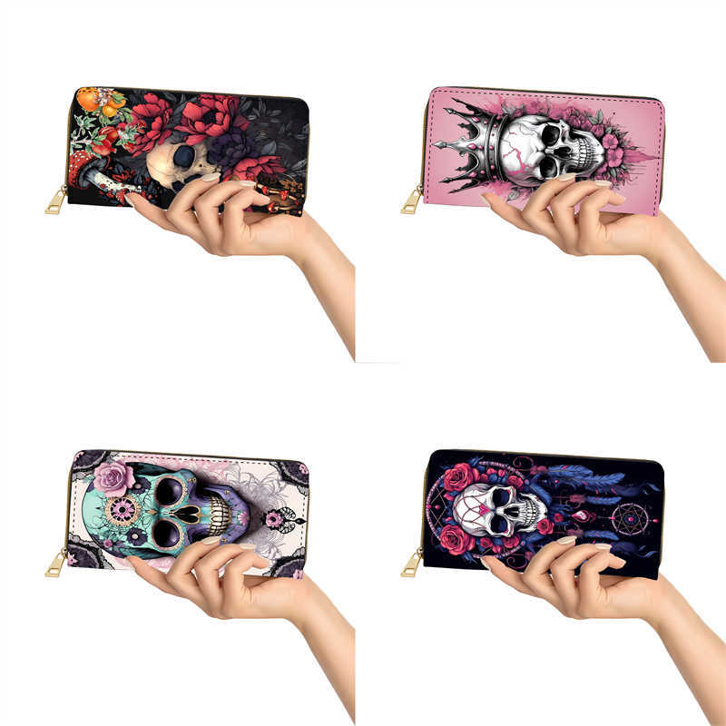 Long Zipper PU Wallet with Flower Skull Butterfly Pattern
