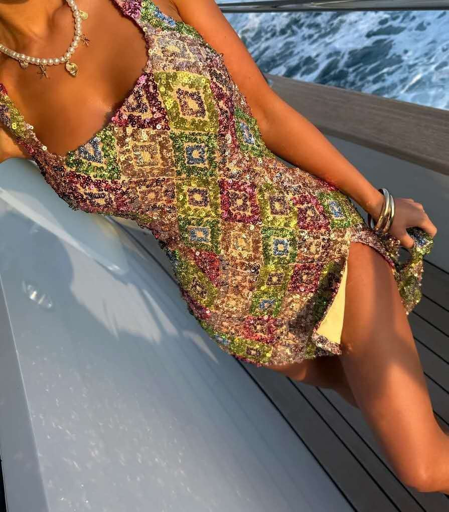 Short-Sleeved Colorful Rhombus Sequin Slit Bodycon Dress