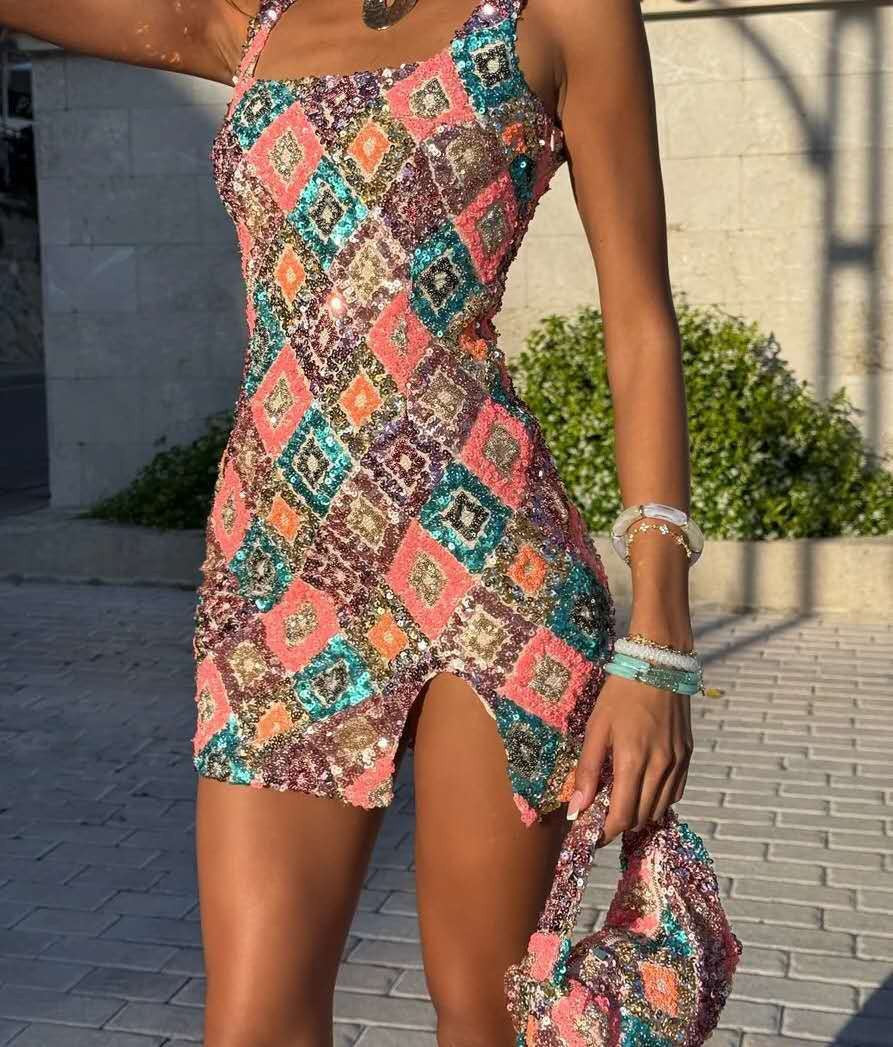 Short-Sleeved Colorful Rhombus Sequin Slit Bodycon Dress