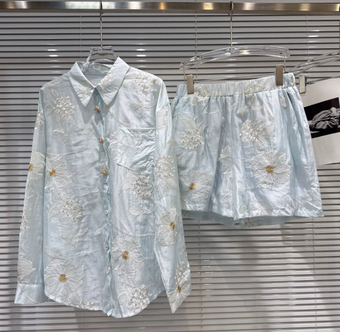 Floral Embroidered Chiffon Shirt and Shorts Set